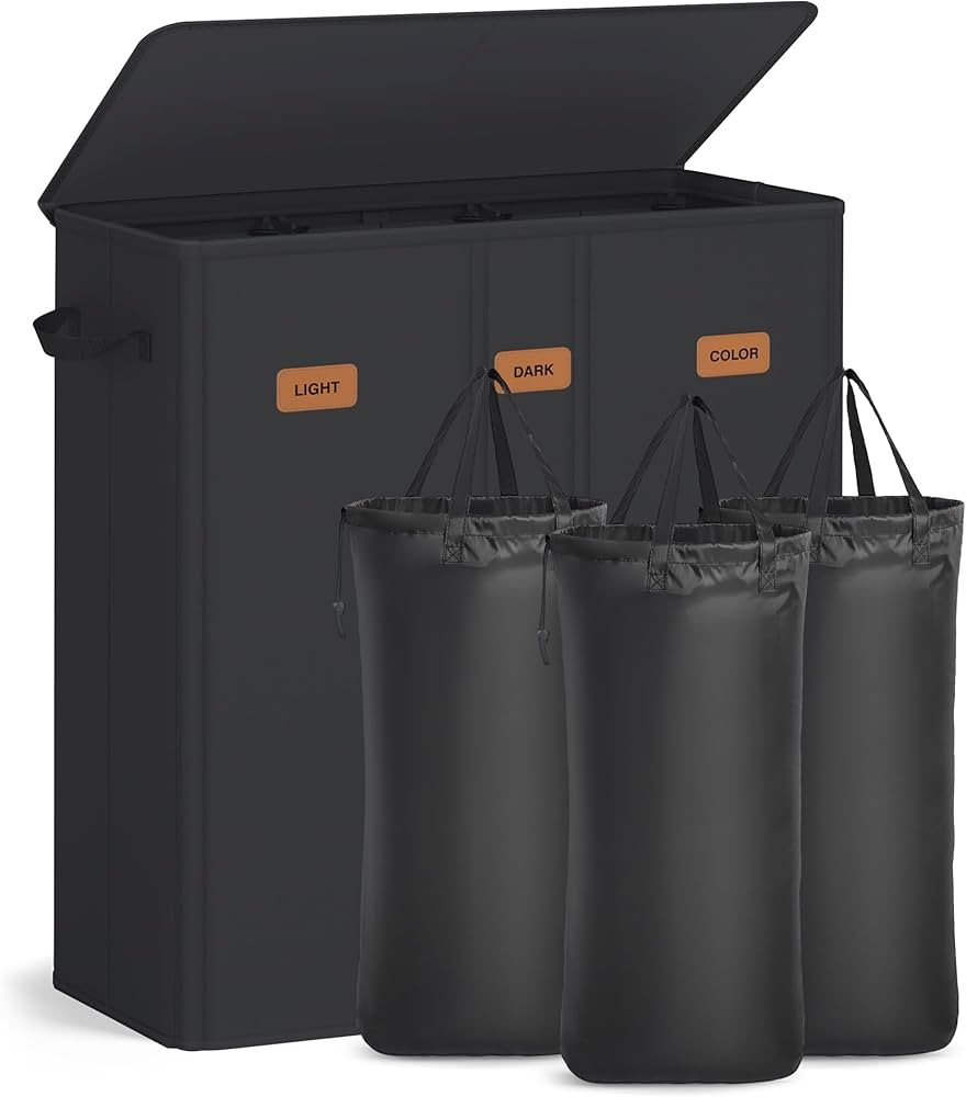 SONGMICS 47.6 Gallon (180 L) Laundry Hamper, 3-Compartment Laundry Basket Sorter with Lid, Labels... | Amazon (US)