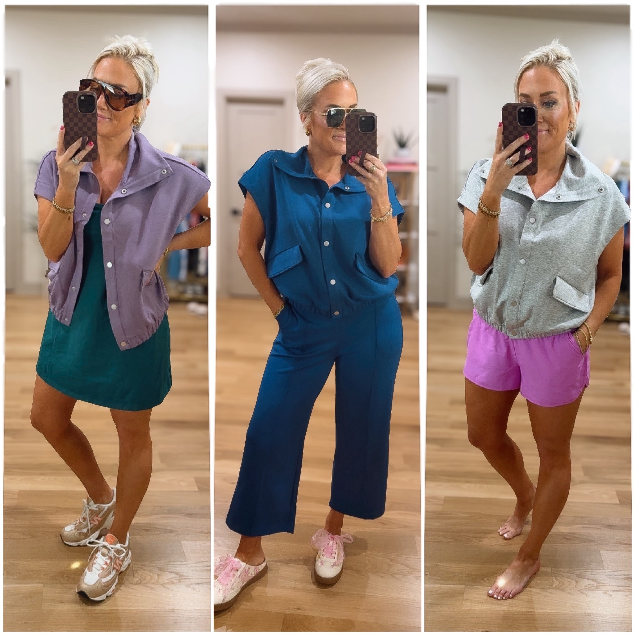  **NEW!!! Scoop air essentials button up top vest / small 
Matching pants / small
Left dress / small 
Purple shorts / small 