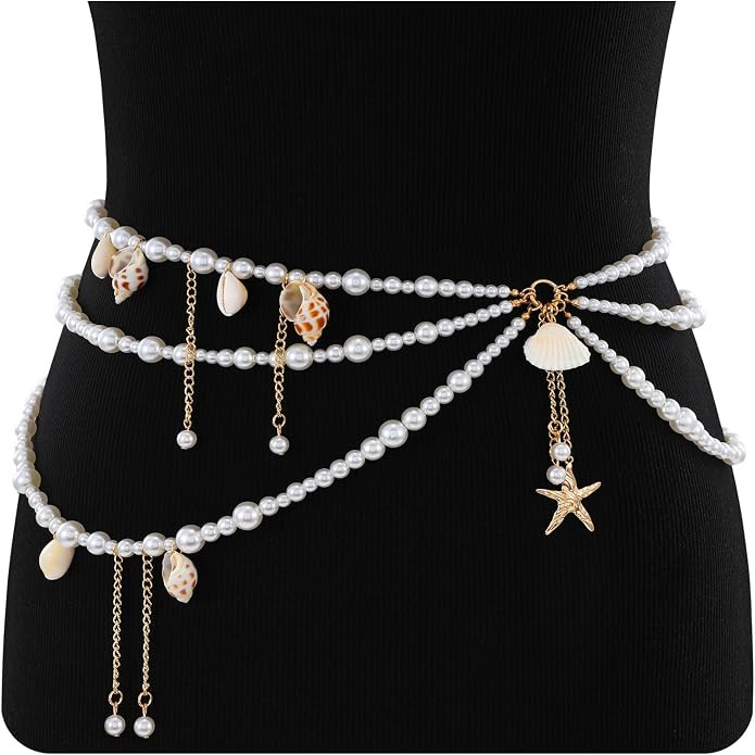 XZQTIVE Starfish Pearl Waist Chain Belts for Women Mermaids Seashell Pearl Belly Chain Gold Pirat... | Amazon (US)