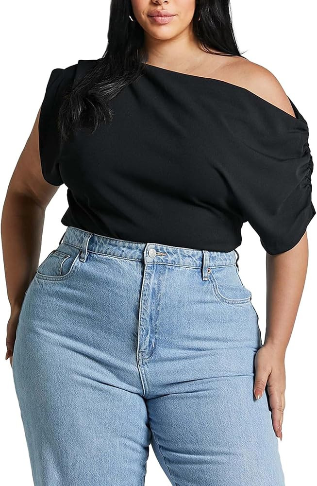 Ekaliy Womens Off Shoulder Casual Crop Tops Ruched Basic Slim Fit T Shirts Going Out Y2K Shirt Bl... | Amazon (US)