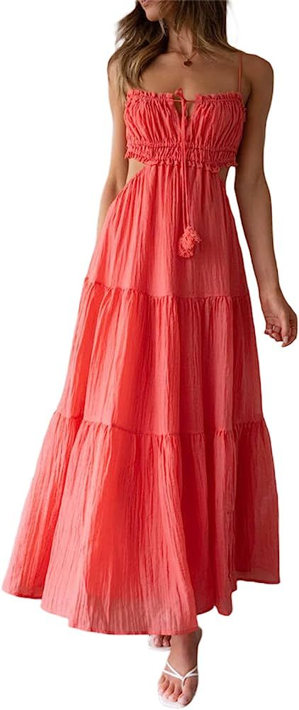 Womens Summer Spaghetti Strap Long Dress Boho Low Cut Dress Backless Bodycon Midi Dress Bohemian ... | Amazon (US)