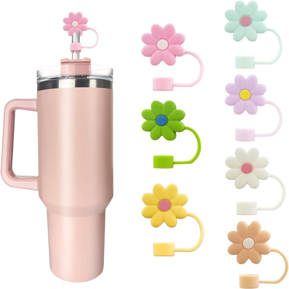 7 PCS Silicone Straw Covers Cap Compatible with Stanley 30&40 Oz Cup, 10mm Cute Flower Straw Topp... | Amazon (US)