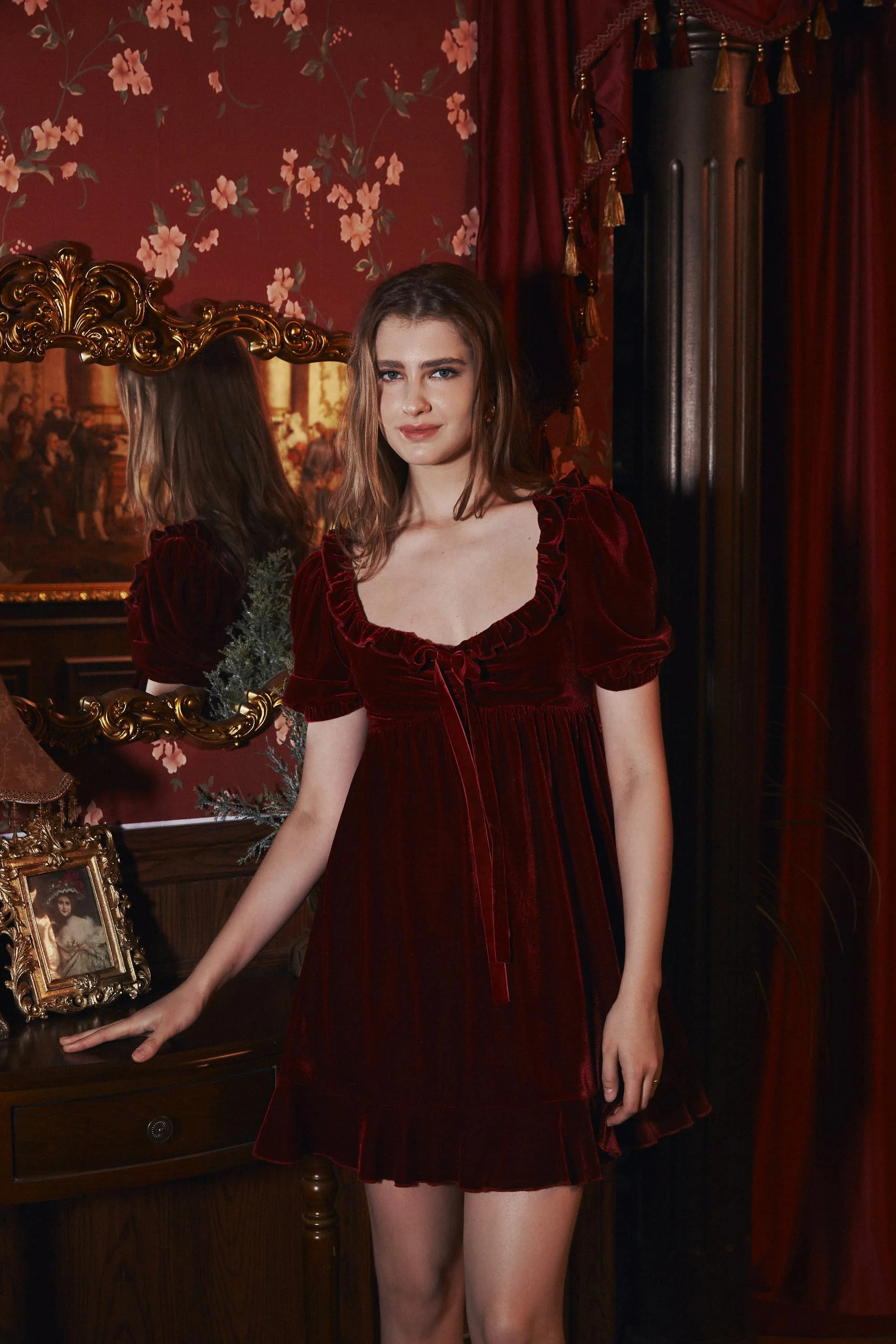 Lorel Silky Velvet Mini Dress in Garnet Red | American Heiress