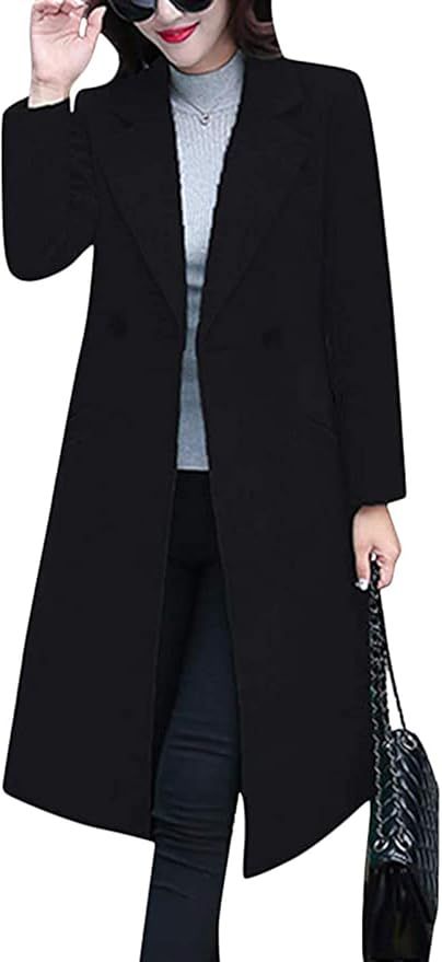 Tanming Women's Notch Lapel Double Breasted Wool Blend Mid Long Pea Trench Coat | Amazon (US)