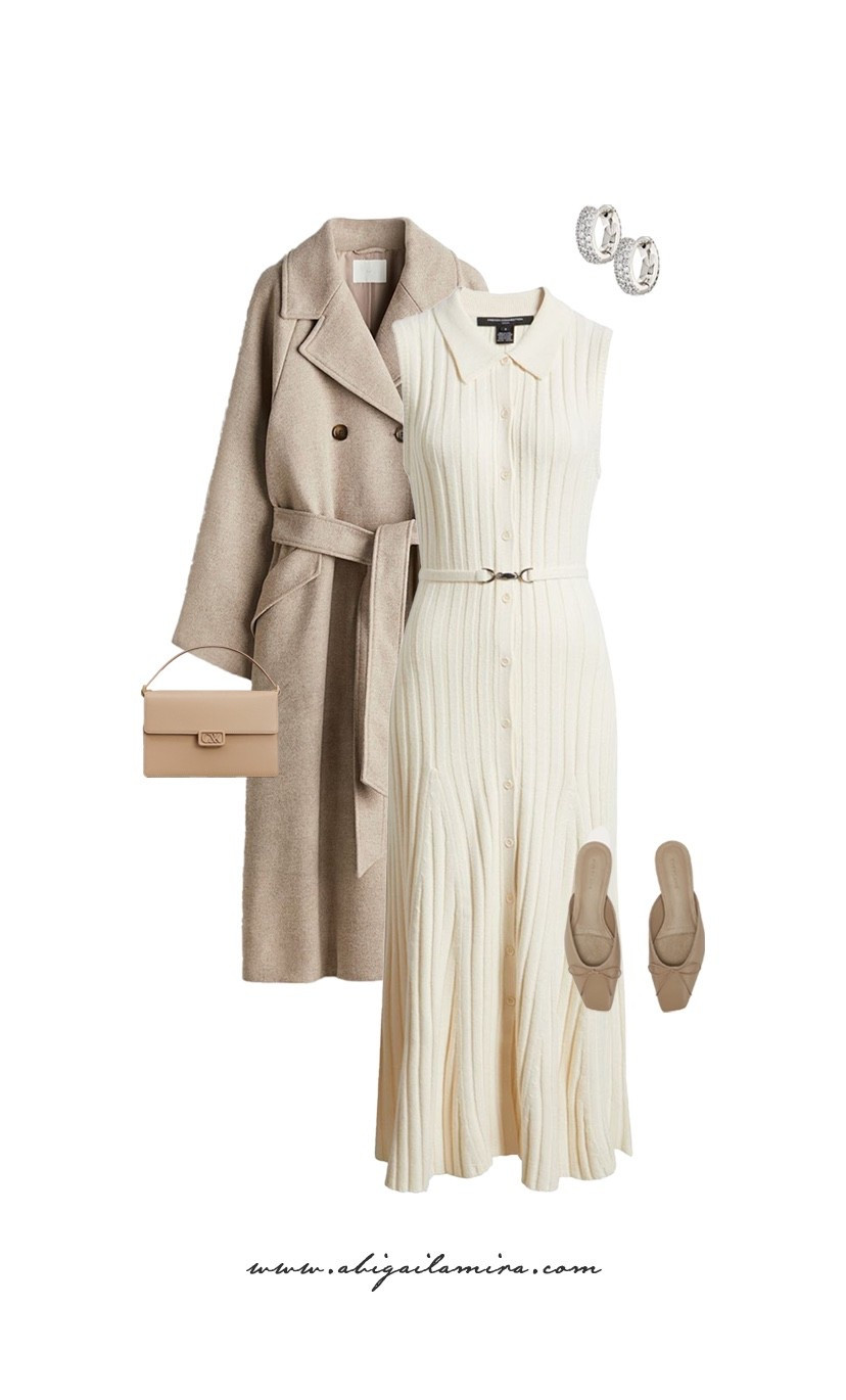 WHAT I'M WEARING WEDNESDAY 01/28/2026
This Outfit is all about soft elegance and timeless neutrals. The ribbed knit midi dress creates a flattering, feminine silhouette, while the belted wool coat adds structure and warmth. Finished with understated accessories and classic flats, this look feels effortlessly polished—perfect for days when you want to look refined without overthinking it. See the full post at www.abigailamira.com

#LTKgrwm #LTKWorkwear #LTKootd