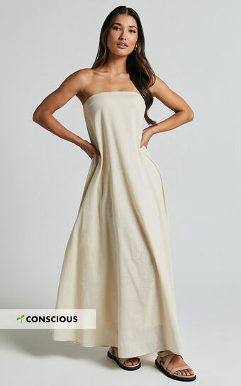 Adessa Maxi Dress - Strapless A Line Dress in Beige | Showpo (ANZ)