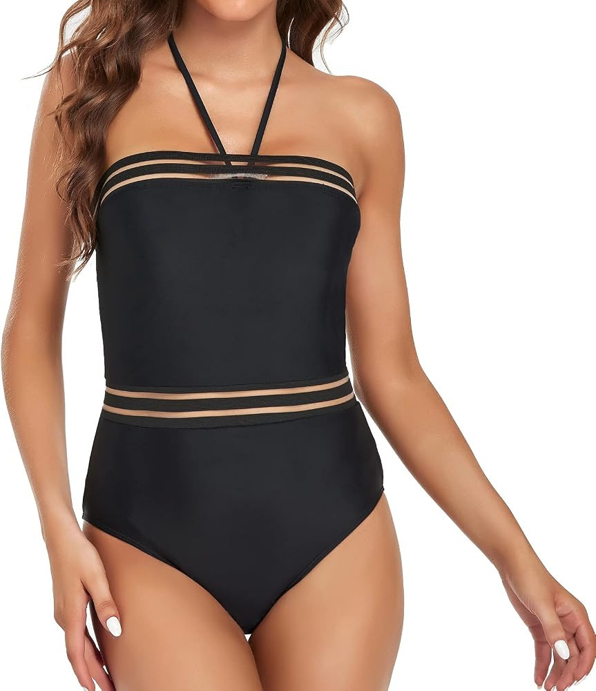 Edelqual Women’s One Piece Swimsuit Strapless and Halter Design Mesh Cutout Tropical Style Mono... | Amazon (US)