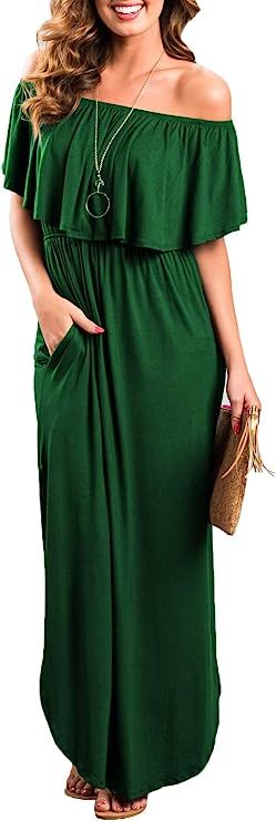 Womens Off The Shoulder Ruffle Party Dresses Side Split Beach Maxi Dress | Amazon (US)