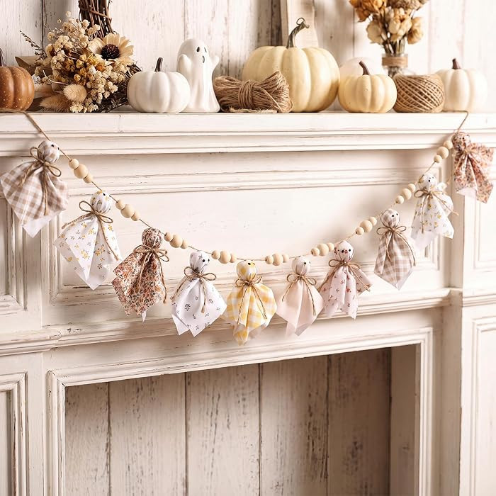 Dingion Halloween Ghost Garland 8.2 ft Rustic Fabric Ghost Decorations with Wooden Beads Boho Flo... | Amazon (US)