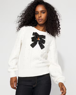 Satin Bow Cable Knit Sweater | White House Black Market