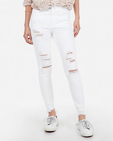 Mid Rise White Distressed Stretch Jean Ankle Leggings | Express