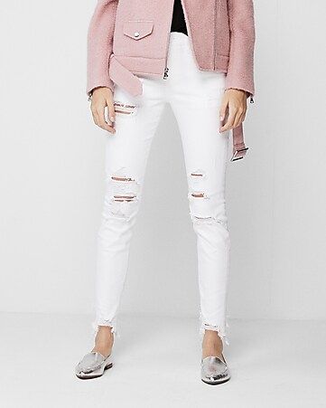 Mid Rise White Distressed Stretch Jean Ankle Leggings | Express