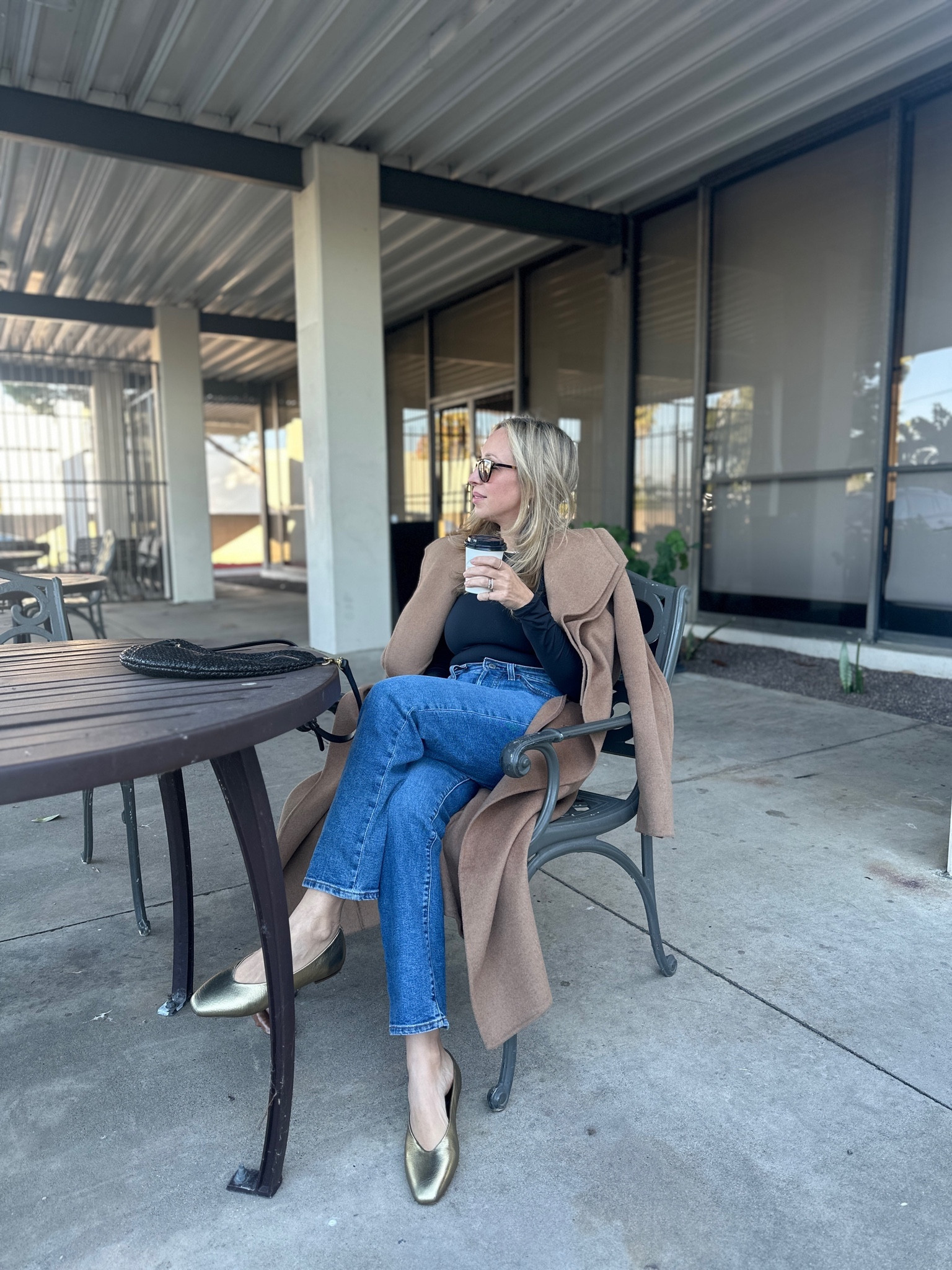 Birdies ballet flats are 30% off today fit true to size comfy and cushioned also linking my outfit details from petite friendly jeans to bodysuit and my favorite Tahari coat and Clare v bag 