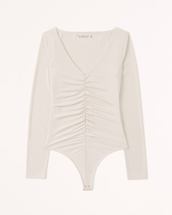 Women's Long-Sleeve Ruched V-Neck Bodysuit | Women's Tops | Abercrombie.com | Abercrombie & Fitch (US)