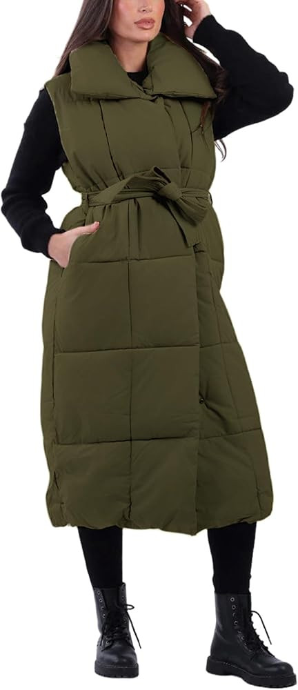 Yidarer Women's Long Puffer Vest Wide Lapel Waist Tie Belt Button Down Quilted Sleeveless Winter ... | Amazon (US)