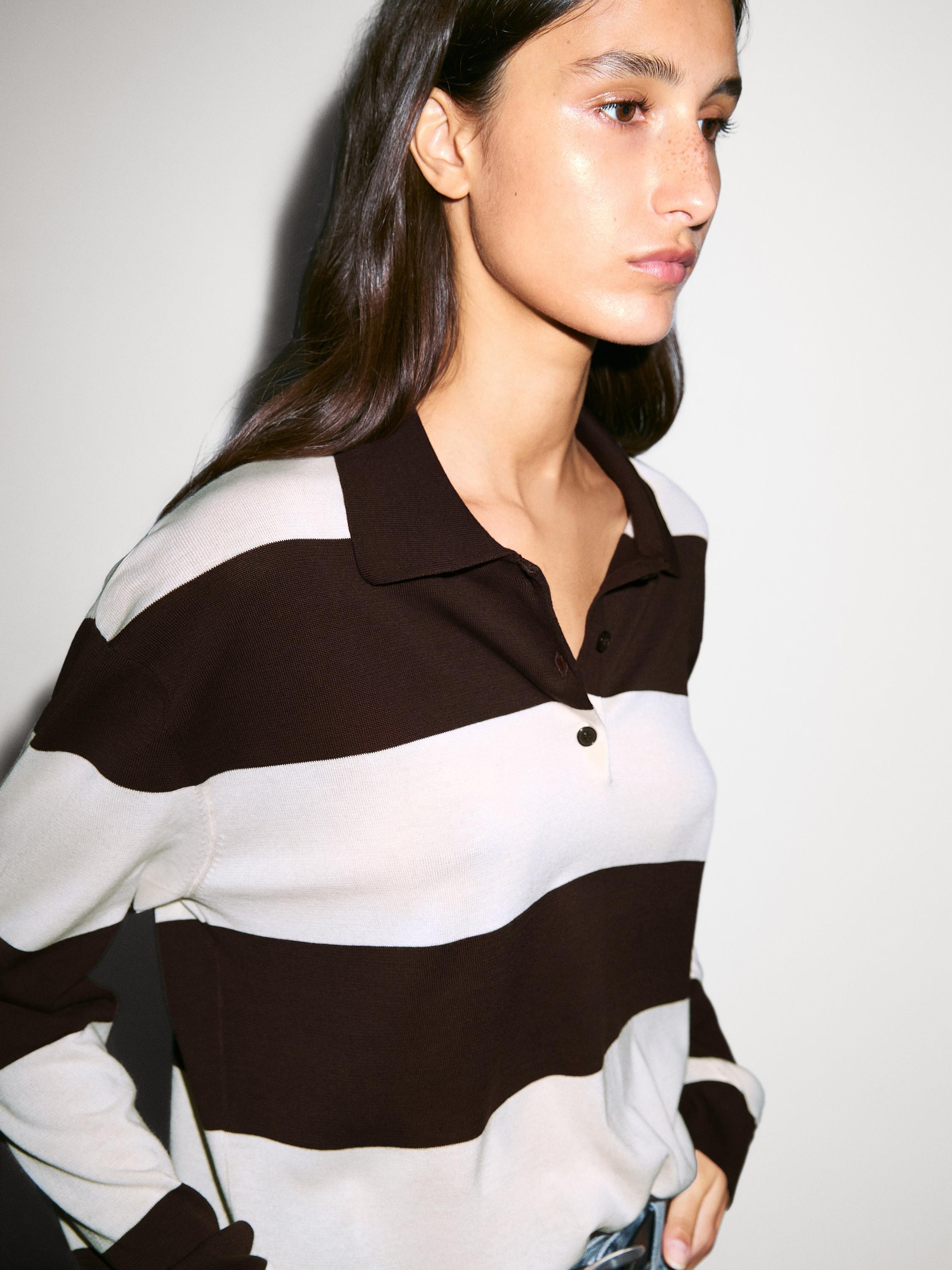 Striped knit sweater with polo collar | Massimo Dutti UK