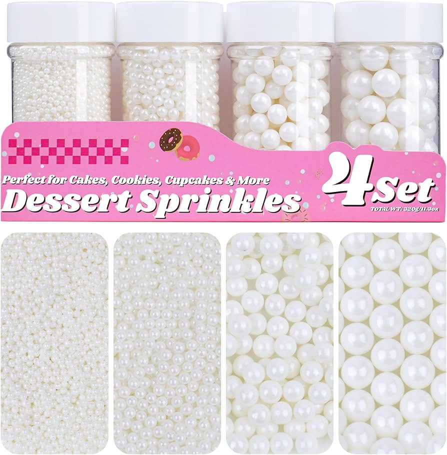 White Pearl Sprinkles for Cake Decorating, 11.3oz/320g Edible Pearls Sugar Large Capacity 4 Jars ... | Amazon (US)