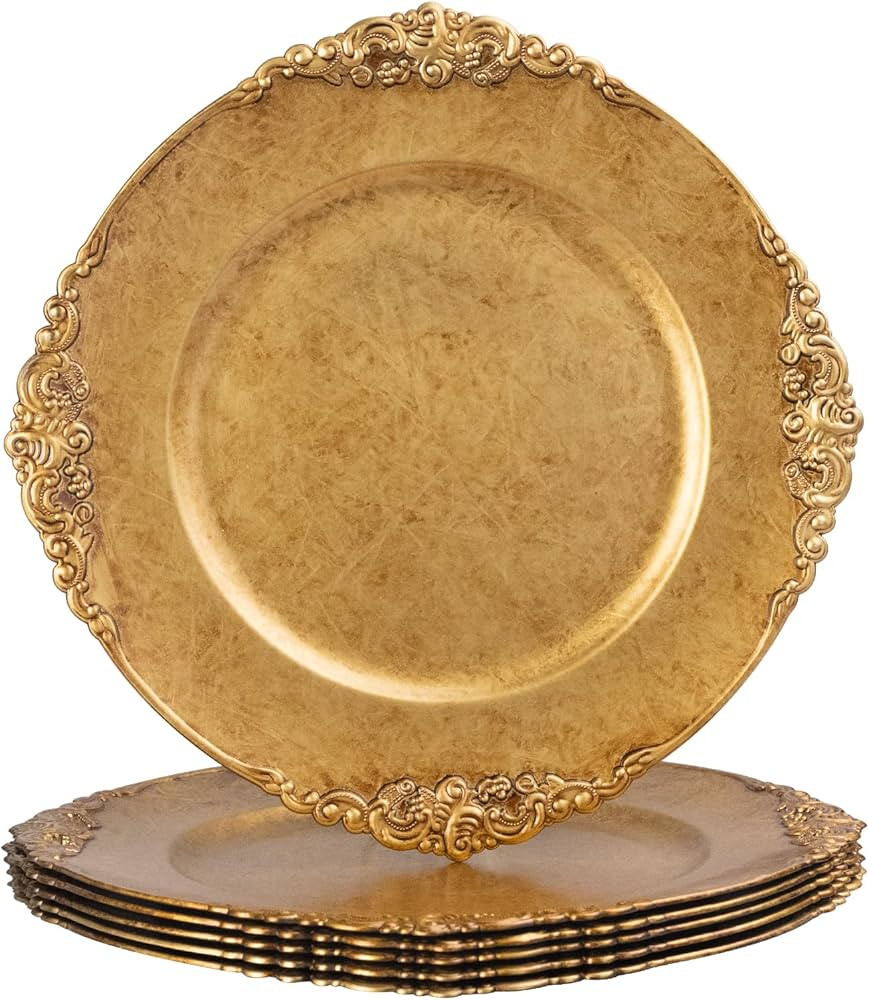 MAONAME Antique Gold Charger Plates, Round Antique Plate Chargers for Dinner Plate, 13" Plastic C... | Amazon (US)