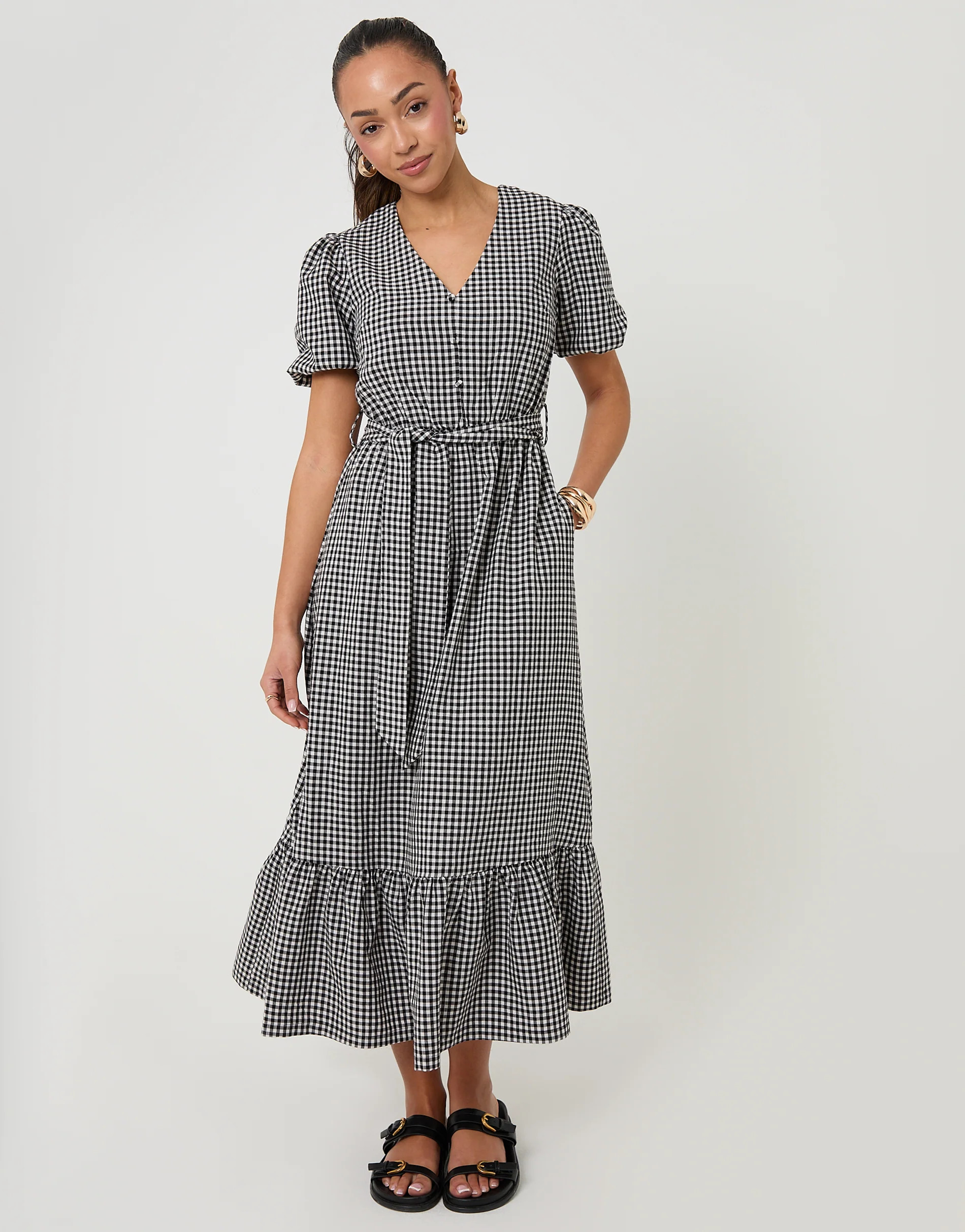 Mono Gingham Tiered Hem Puff Sleeve Maxi Dress | Threadbare