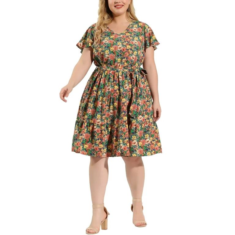 Agnes Orinda Women's Plus Size V Neck Elastic Waist Ruffle Summer Floral Midi Dress | Walmart (US)