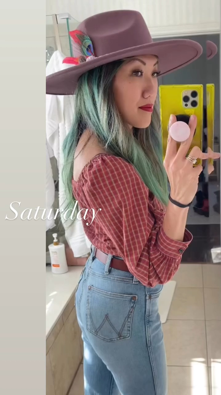 I chose another pair of jeans at first, but this pair was so much better. Outfit inspo is Rodeo / festival / western / country concert 

Top: brick red and rust brown plaid long sleeve ruched crop top with shirred bodice. puff sleeves 
Pants: medium-light denim jeans with western style contrast stitching, high waisted-mid rise, wide leg with slight flare flared bottoms 

Complete the outfit with a hat, bag, and ankle boots

#LTKSeasonal #LTKStyleTip