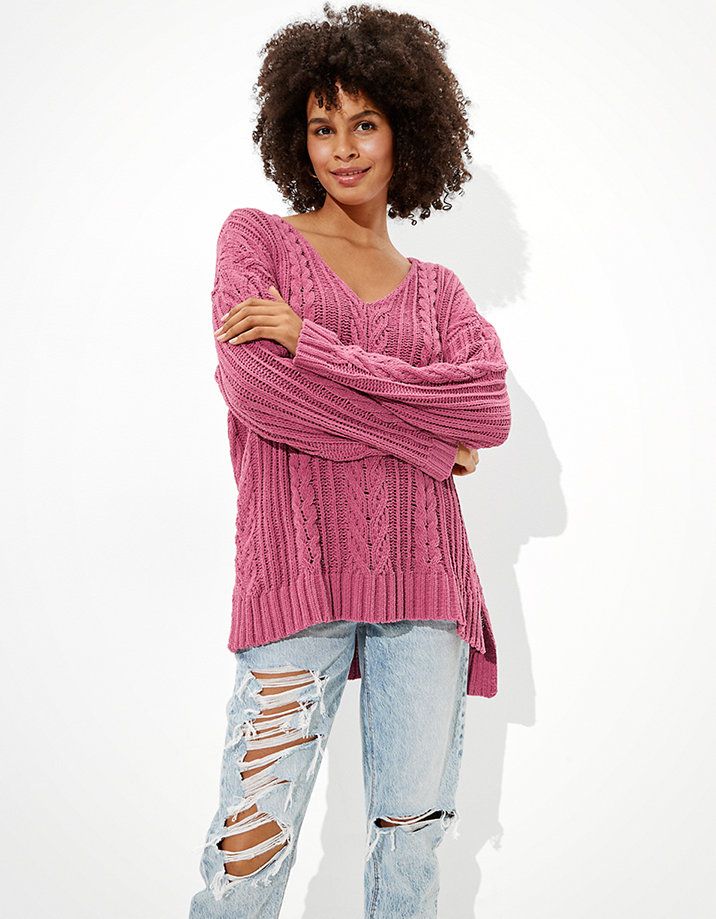AE Cable Knit V-Neck Sweater | American Eagle Outfitters (US & CA)