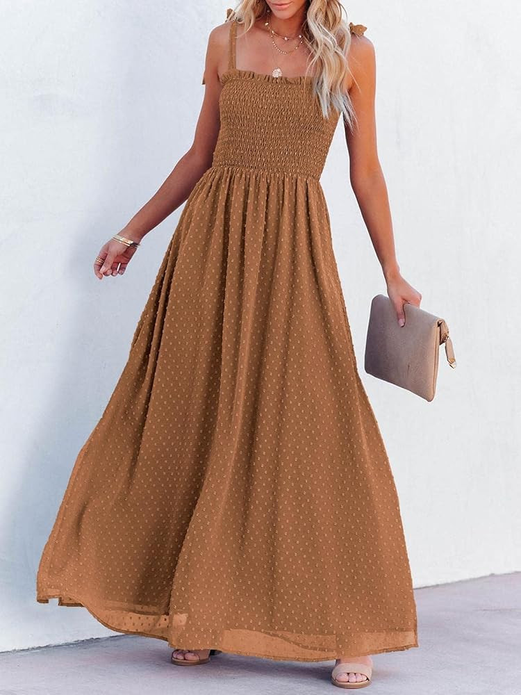 Caracilia Women's Summer Smocked Tie Strap Swiss Dot Chiffon Split A Line Long Maxi Dress | Amazon (US)