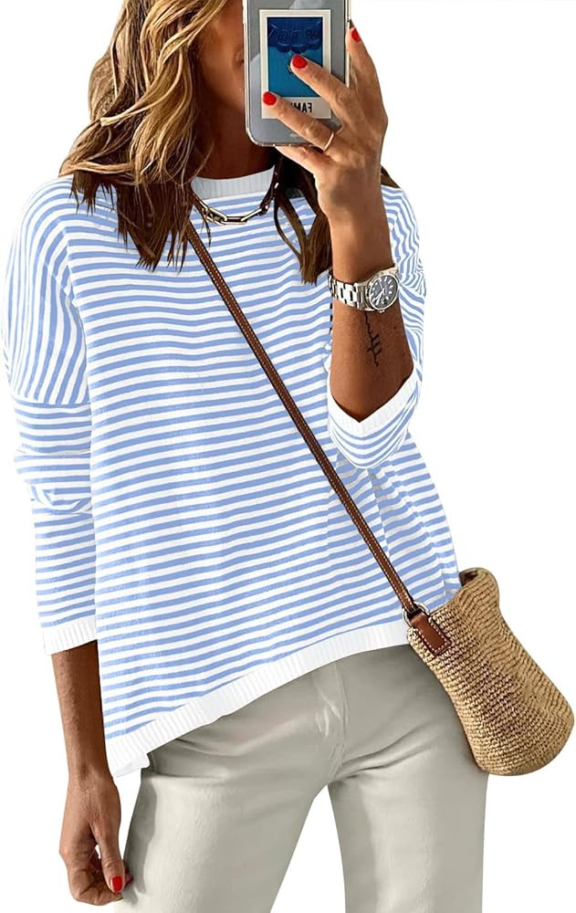 ANRABESS Womens Striped Sweaters Long Sleeve Top Crewneck Color Block Casual Loose Knitted Pullov... | Amazon (US)