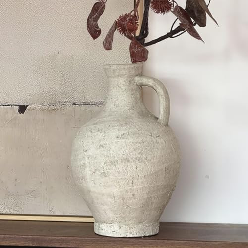 Relexome Rustic Farmhouse Terracotta Ceramic Flower Vase with Handle,12 Inch Grey White Tall Pitcher Jug Vintage Clay Stone Antique Pottery,Wabi Sabi Home Living Room Table Decor,Gift for Women Girls | Amazon (CA)