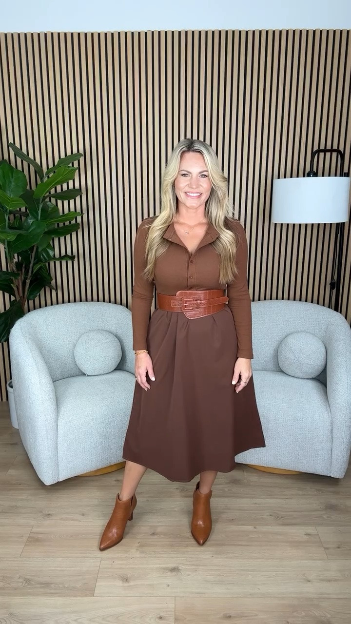This chocolate brown midi dress feels made for fall. The collared neckline and belted waist give it a classic shape that works just as well for the office as it does for dinner.

brown midi dress, fall dress, collared dress, belted dress, office outfit, workwear dress, fall fashion, ankle boots, neutral outfit, business casual, audriedollins

#LTKootd #LTKSeasonal #LTKOver40