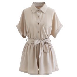 Button Down Shirt and Bowknot Shorts Set in Taupe | Chicwish