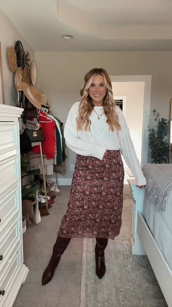 Love this cable knit sweater and maxi skirt for Thanksgiving, Sunday church, family photos - you name it the options are endless! Best thing about this outfit is you can mix & match the items with other pieces for different looks! 

I am 5’6 147lbs wearing a size M skirt, size small sweater tucked, boots fit true to size. Bra size M (34C) 

 #LTKSeasonal #LTKFindsUnder50 #LTKStyleTip