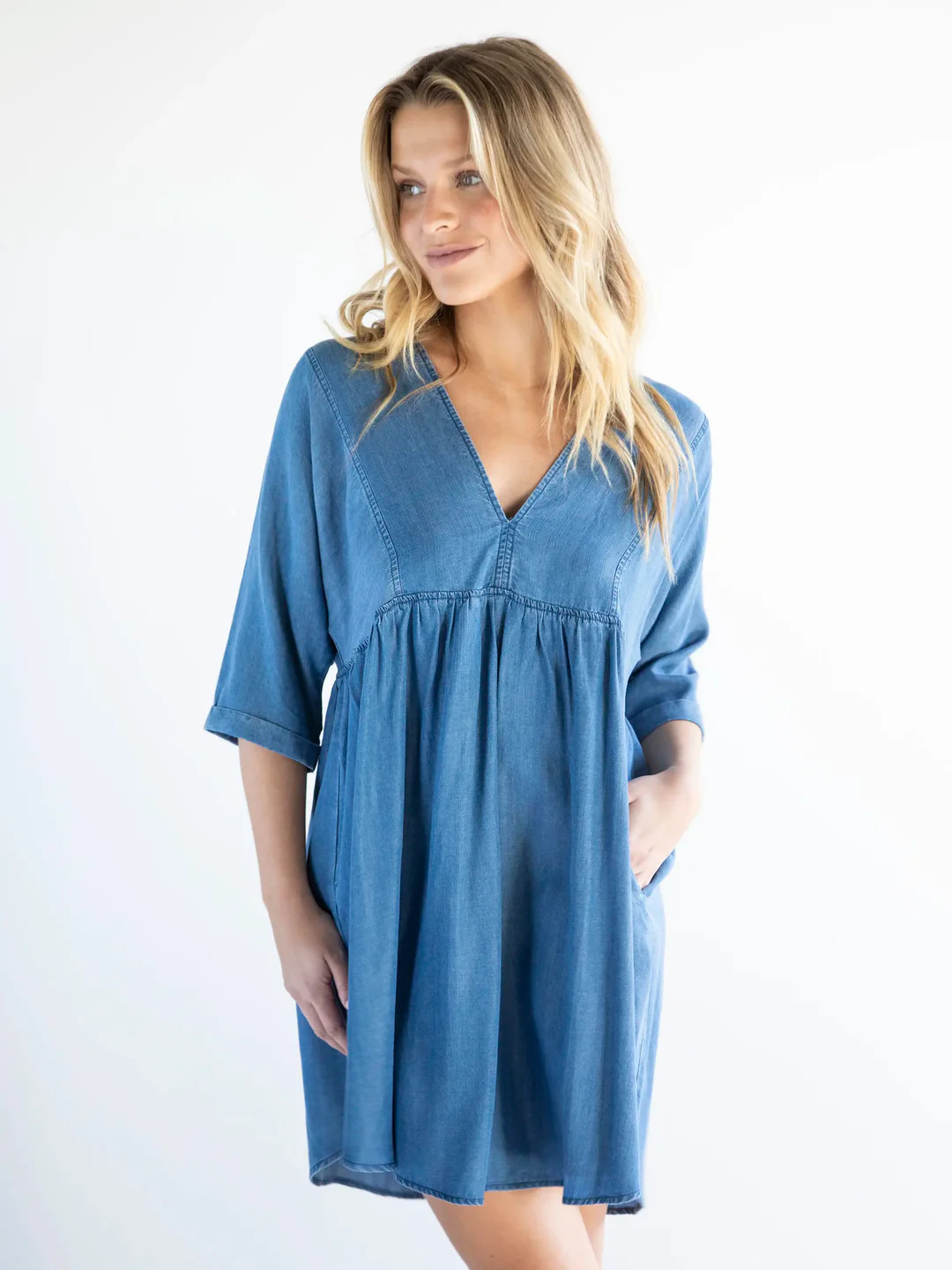 Stella V-Neck Mini Dress - Denim Blue | Natural Life