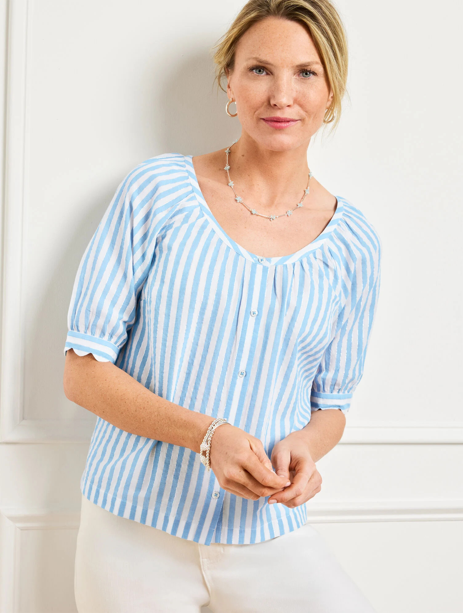 Metallic Button Front Top - Delightful Stripe | Talbots