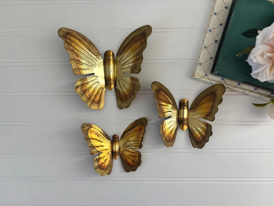 Vintage Brass Butterfly Wall Art Set of 3 Gold Metal Wall Butterflies Three Decorative Butterfly ... | Etsy (US)