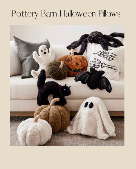 Pottery Barn Halloween decor. Halloween pillows. Ghost pillows. Pumpkin pillows. Pottery Barn holiday home decor. Bat pillows. Cat pillows. Halloween home decor. 