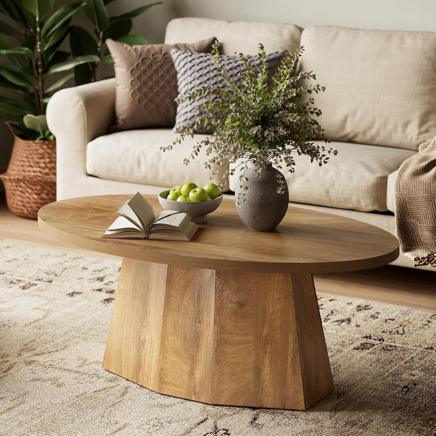Oval Coffee Table, 47-Inch Living Room Table with Polygonal Pedestal, Modern Center Accent Furniture, Child-Friendly, Easy Assembly, Yellowish Brown | Amazon (US)