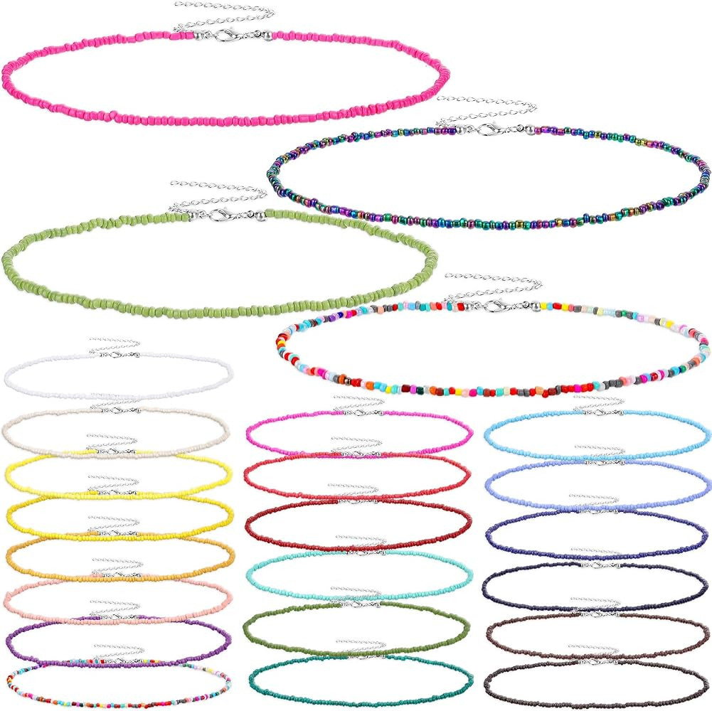 Hicarer 24 Pieces Beaded Choker Boho Seed Bead Necklace Colorful Bead Necklace Bohemian Jewelry f... | Amazon (US)