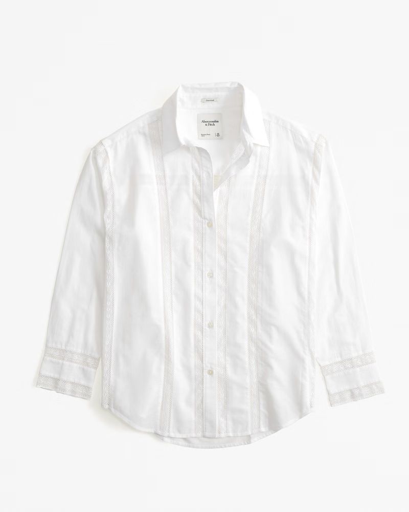 Oversized Lace-Trim Embroidered Button-Up Shirt | Abercrombie & Fitch (US)