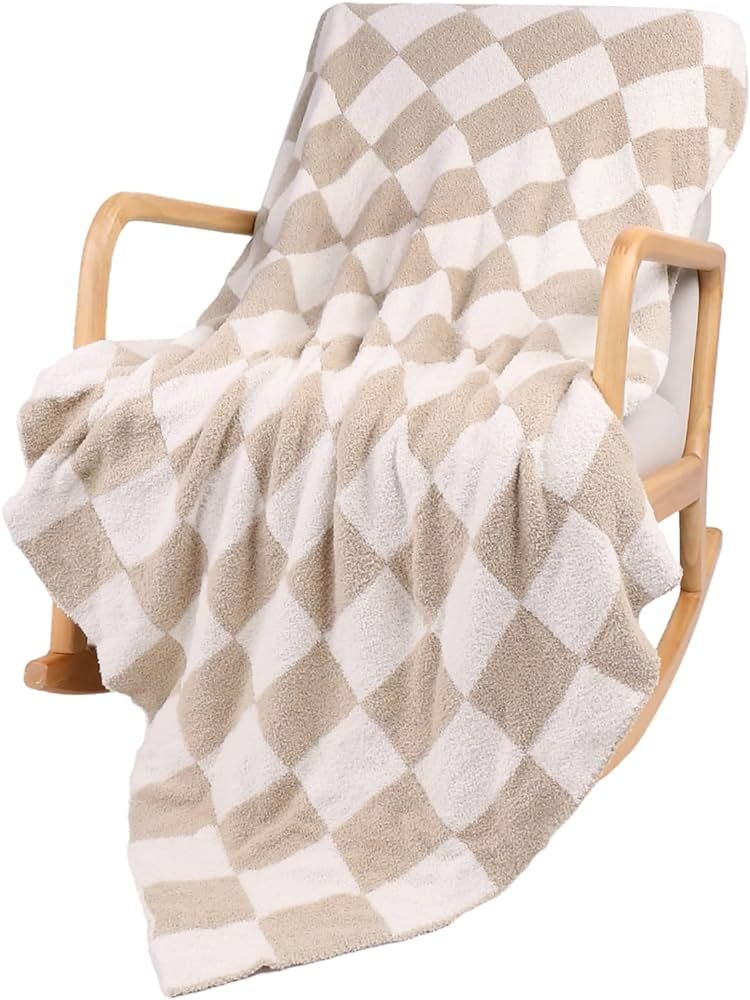 QQP Checkered Throw Blanket,Soft Cozy Microfiber Reversible Checkerboard Fluffy Blanket for Home Bed Couch., 50X60In（Camel&White） | Amazon (US)