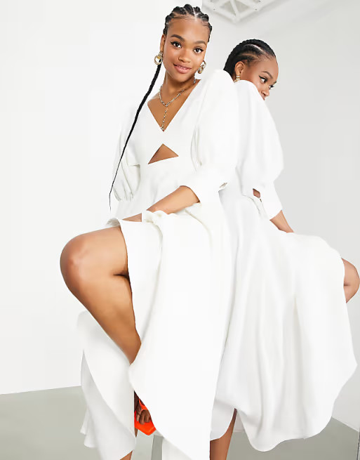 ASOS EDITION blouson sleeve midi dress in texture in white | ASOS (Global)