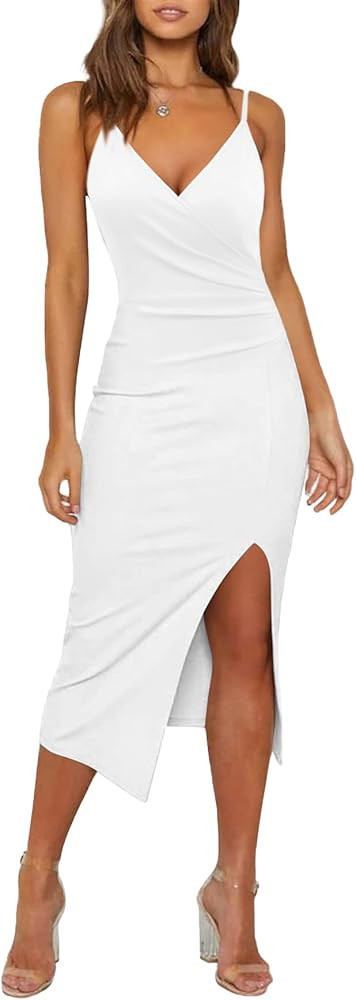 WAYMAKER Women's Sexy V Neck Spaghetti Strap Sleeveless Wrap Ruched Side Slit Bodycon Cocktail Pa... | Amazon (US)