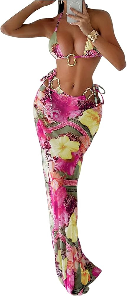 WDIRARA Women's 3 Piece Floral Halter Bikini Set Ring Linked Leopard Print Swimsuit with Coverup ... | Amazon (US)