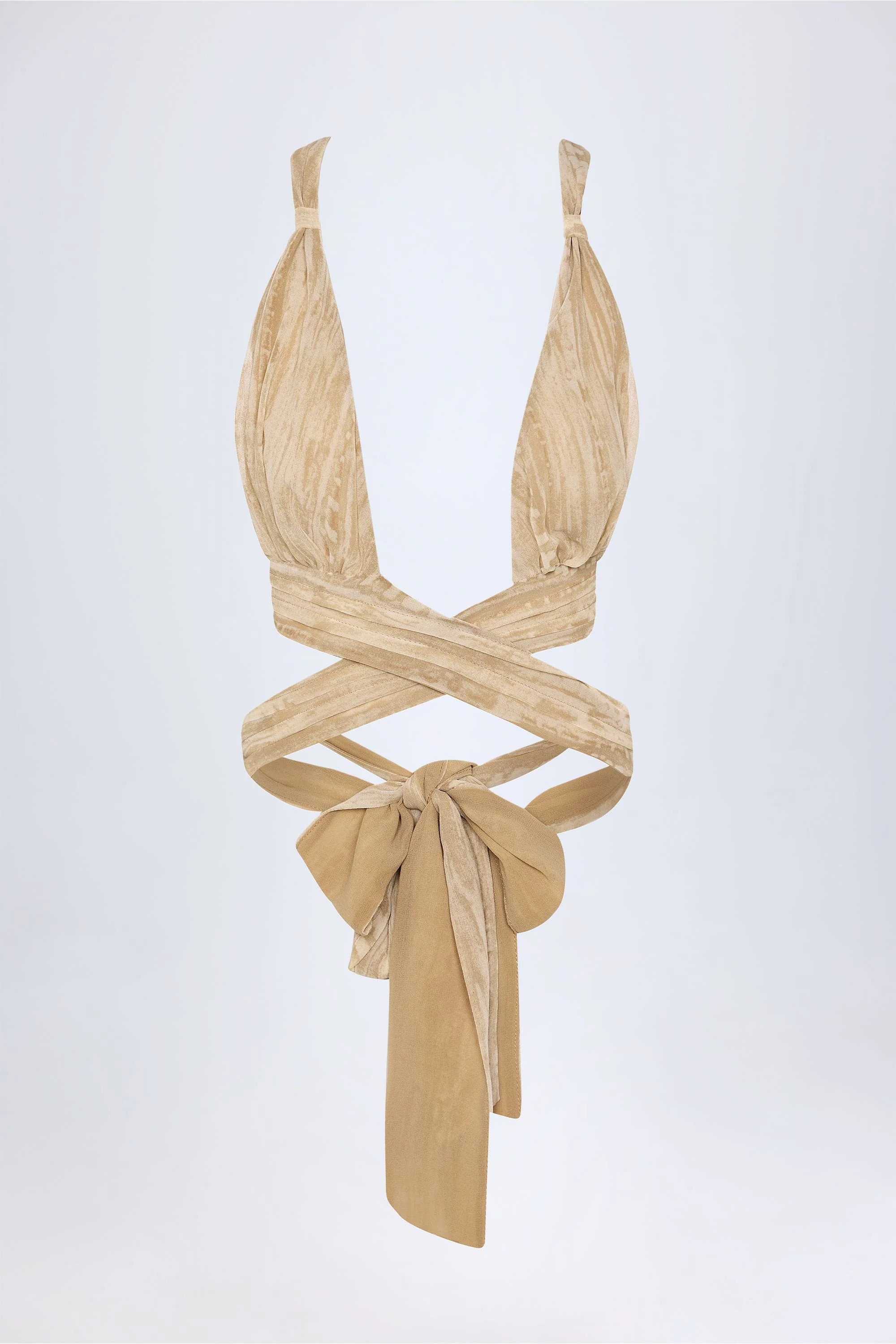 Ruched Halterneck Crop Top in Tan Print | Oh Polly