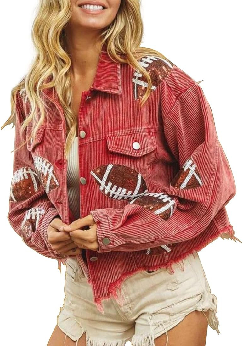 happlan Football Sequin Embroidery Rugby Cropped Frayed Hem Vintage Washed Corduroy Jacket Coat S... | Amazon (US)
