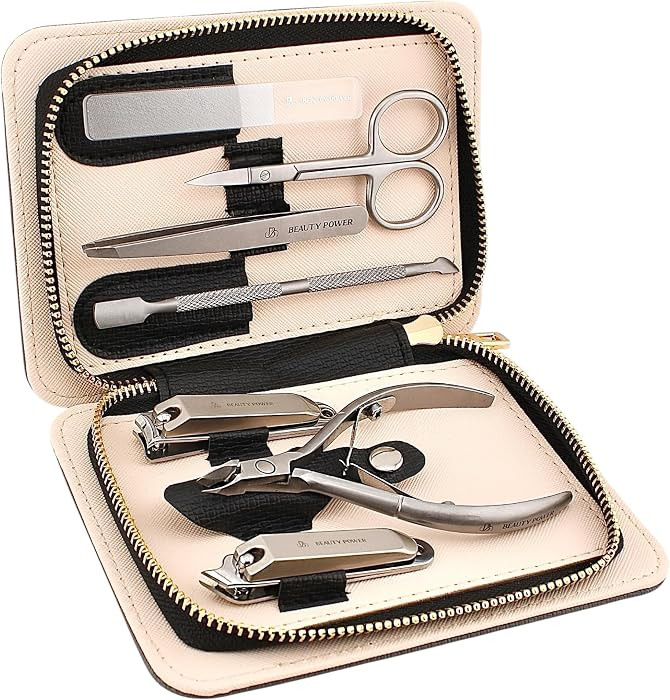 Beauty Power Manicure Pedicure Set 7-in-1 Stainless Steel, Ultra Sharp, Slanted Nail Clipper, Fin... | Amazon (US)