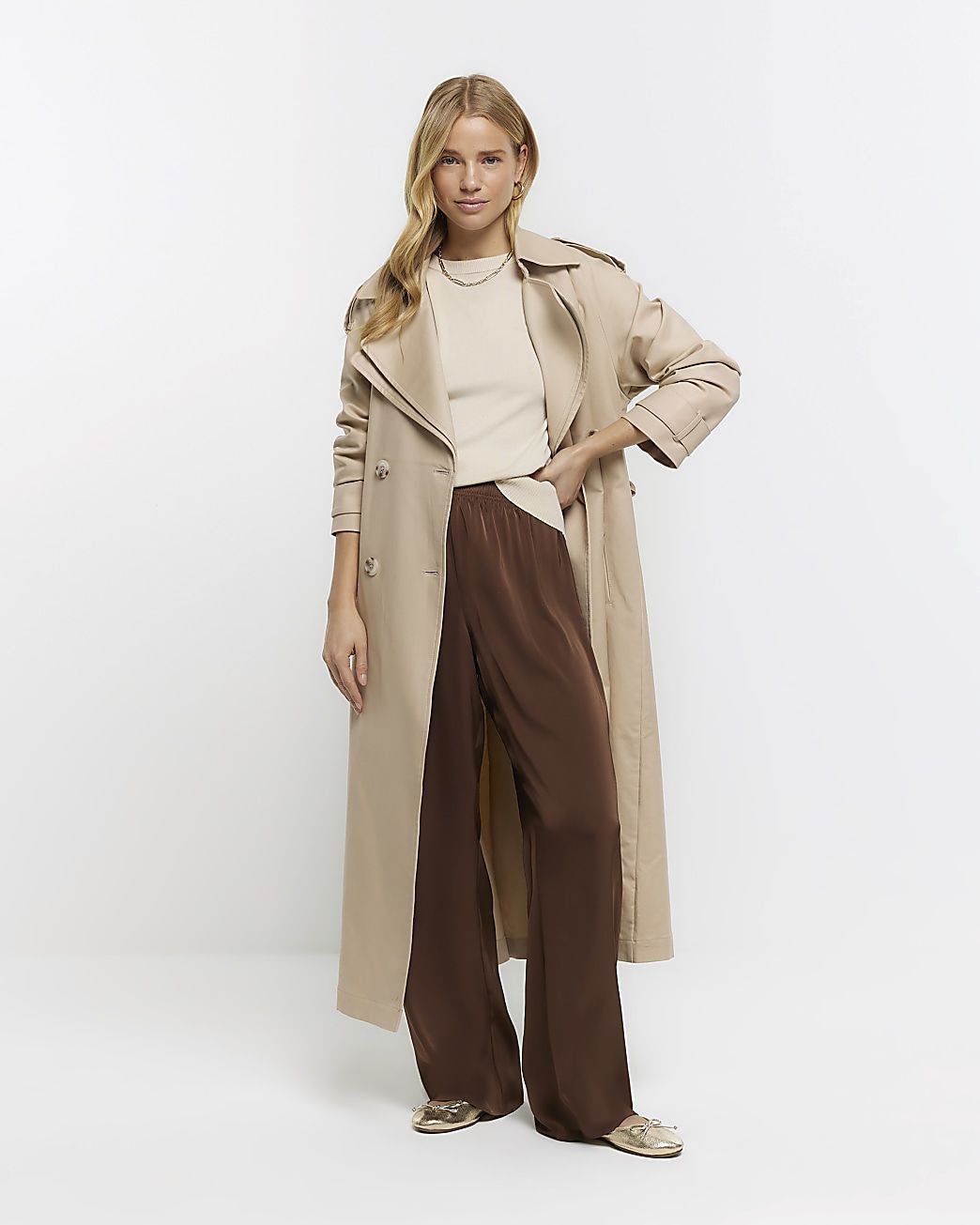 Brown satin wide leg trousers | River Island (UK & IE)