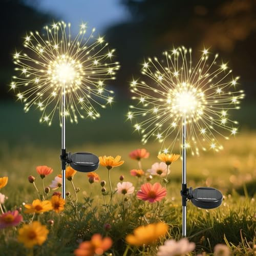 Garden Outdoor Lights, 2 Pack 120 LED Solar Garden Lights Fairy Lights Outdoor Waterproof Decorative Solar Firework Lights for Yard Patio Pathway Flowerbed Party Wedding Decor, Warm White | Amazon (US)