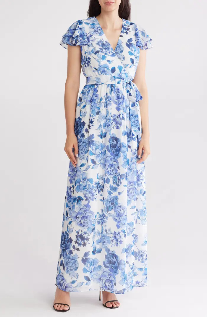 Eliza J Floral Flutter Sleeve Faux Wrap Maxi Dress | Nordstromrack | Nordstrom Rack