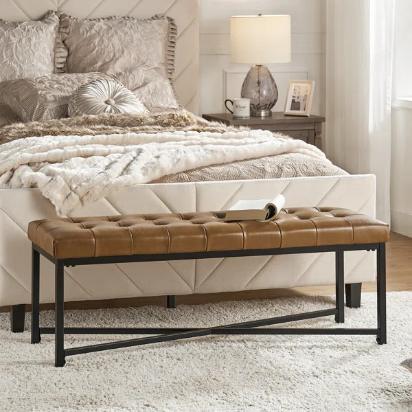 Arnold Modern 50.5" Genuine Leather Upholstered Bench WithShelves Storage | Wayfair North America